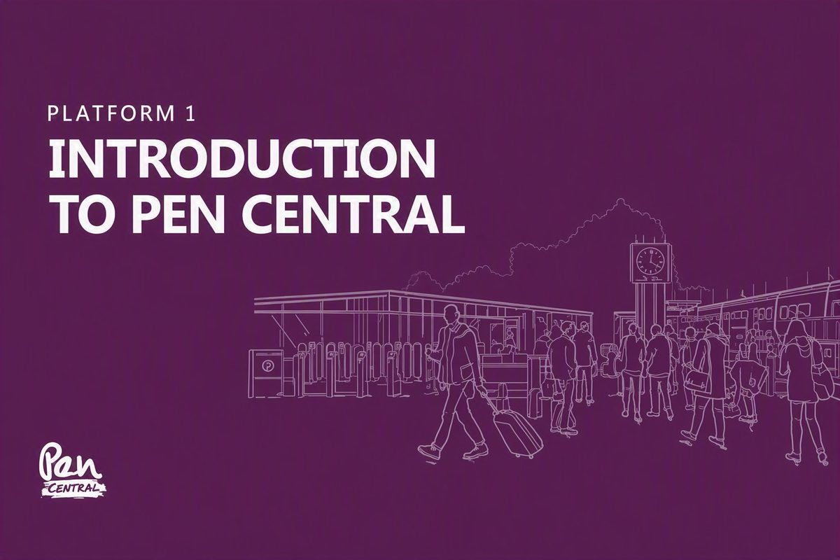 Introduction to Pen Central thumbnail Purple background with title text and line drawing of people at a train station