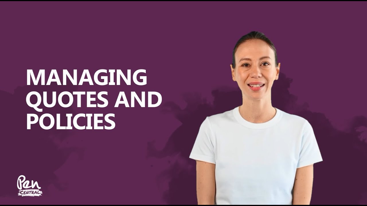 Managing Quotes And Policys thumbnail Purple background with title text and picture of presenter